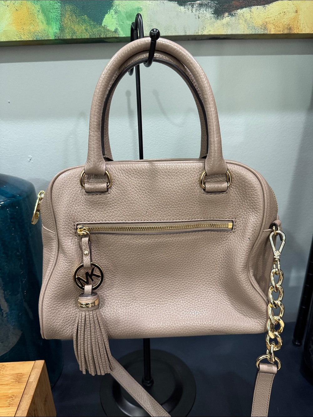 Michael Kors Taupe Pebbled Leather Satchel with Tassel and crossbody strap